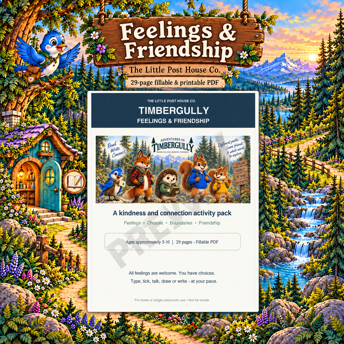 Feelings & Friendship — 29-page digital PDF with Timbergully woodland artwork and watermarked cover preview