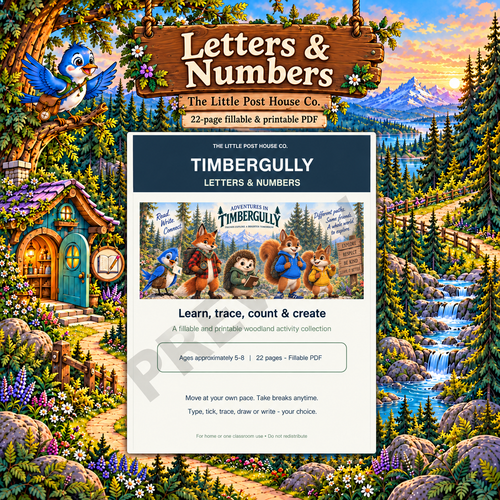 Letters & Numbers — 22-page digital PDF with Timbergully woodland artwork and watermarked cover preview