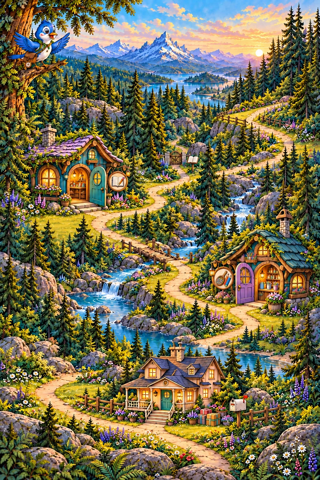 Pip welcomes you into a continuous Timbergully woodland map. A winding path leads to a playful journal cabin, a scoop workshop cabin and the Little Post House for gift boxes along the bottom. A side trail disappears into the woods towards a future story.