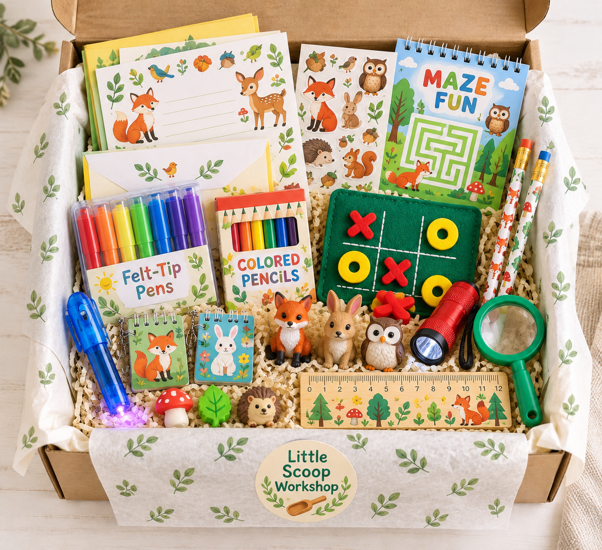 Illustrated sample of Timbergully Special - Little Scoop Workshop. Actual items, designs, packaging and quantities vary by scoop.