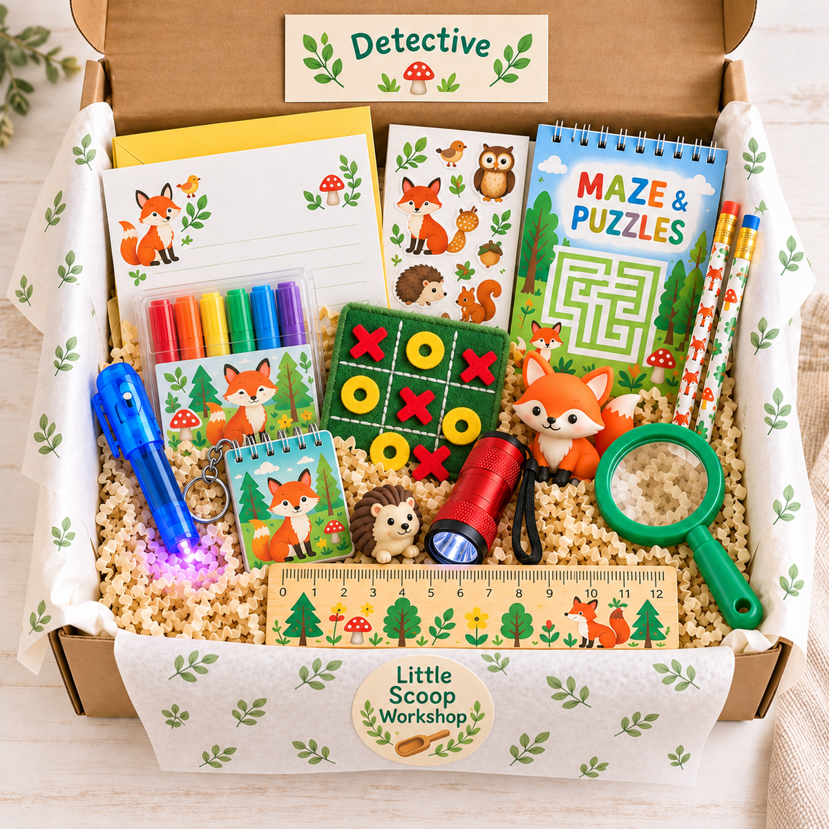 Illustrated sample of Woodland Detective - Little Scoop Workshop. Actual items, designs, packaging and quantities vary by scoop.